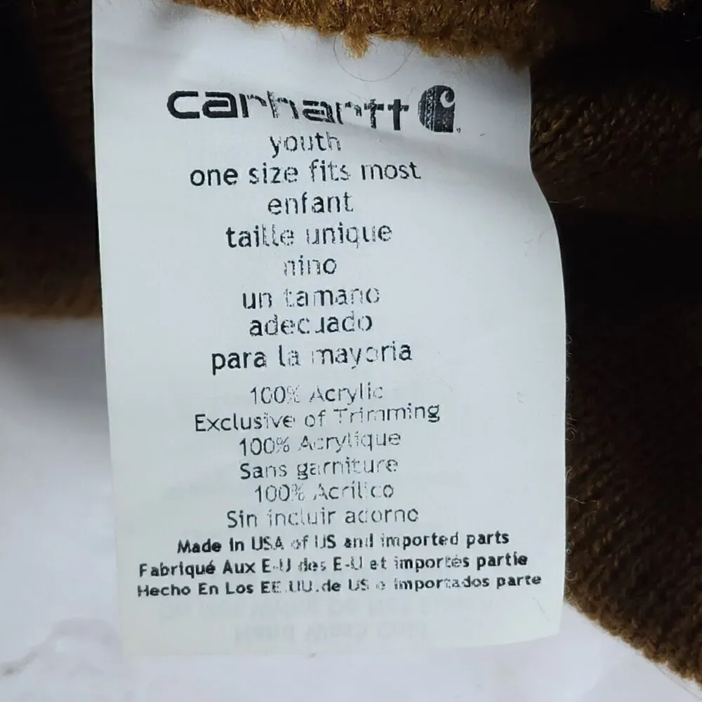 Carhartt Youth One Size Brown Ribbed knit Logo Pull On Cuffed Beanie Hat